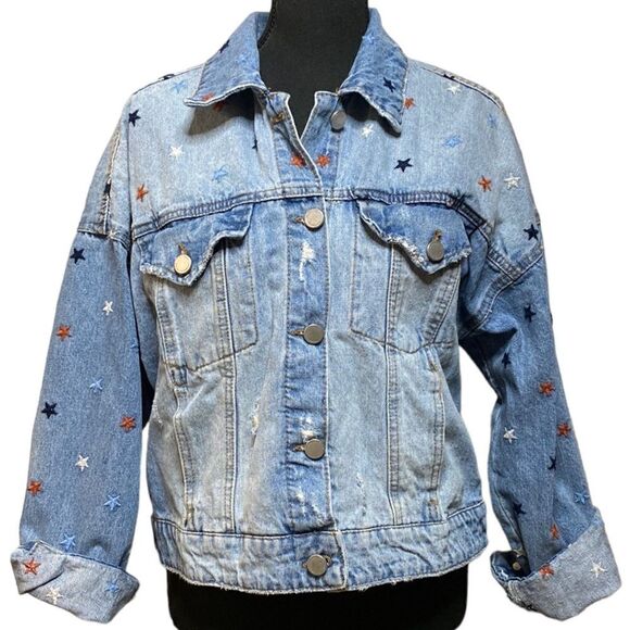 Star Embroidered Factory Distressed Denim Jacket - Picture 5 of 13